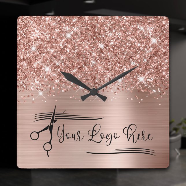 Ihr Logo Glittery Rose Gold Glam Quadratische Wanduhr (Rose Gold Glitter and Foil Logo Square Wall Clock)