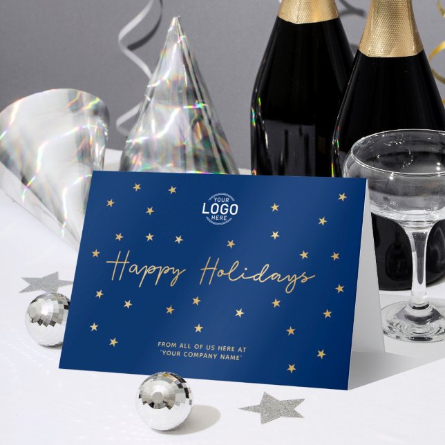 Ihr Logo Gold Stars Navy Blue Business Happy Karte (Von Creator hochgeladen)