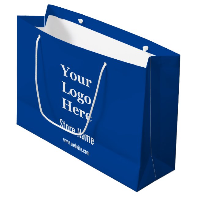Ihr Logo hier auf blau und weiß Große Geschenktüte (Vorderseite Schrägansicht)