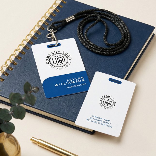Ihr Logo hier Minimal Blue & White Identity Ausweis (Personalized Business Logo Employee Name Staff Tag Badge)