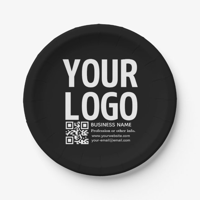 Ihr Logo mit bearbeitbarem QR-Code und Text  Pappteller (Vorderseite)