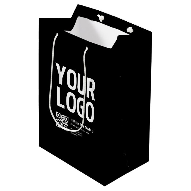 Ihr Logo mit editierbarem QR-Code und Text Mittlere Geschenktüte (Vorderseite Schrägansicht)
