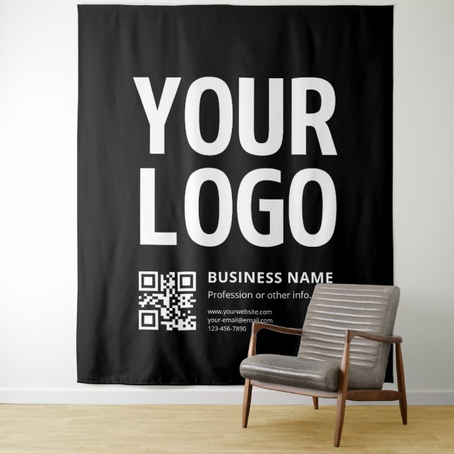Ihr Logo mit editierbarem QR-Code und Text Wandteppich (Beispiel)