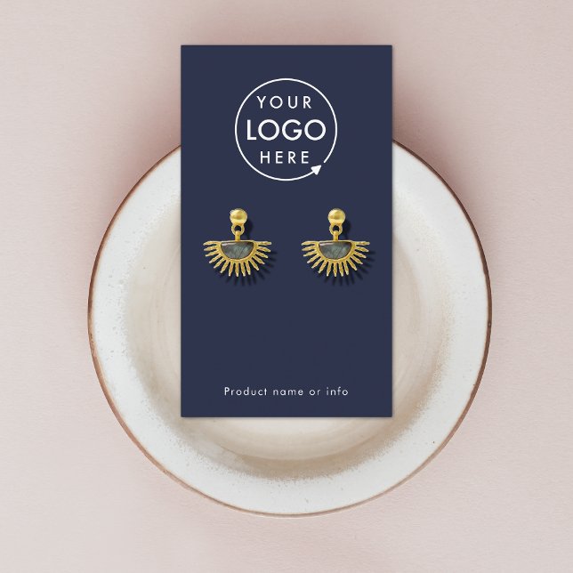 Ihr Logo | Navy Blue Modern Earring Display Card Visitenkarte (Modern sleek navy blue earring display card by Guava - clean, stylish, and customizable)