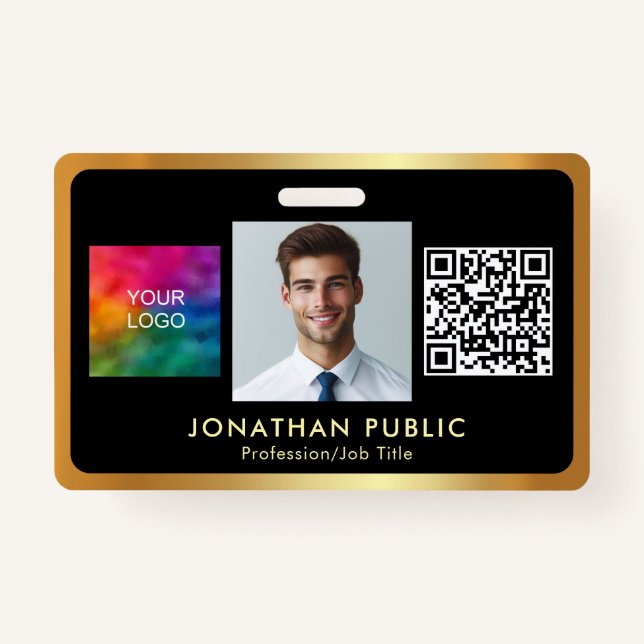 Ihr Logo QR Code Mitarbeiter Foto Black & Gold Ausweis (Vorderseite)