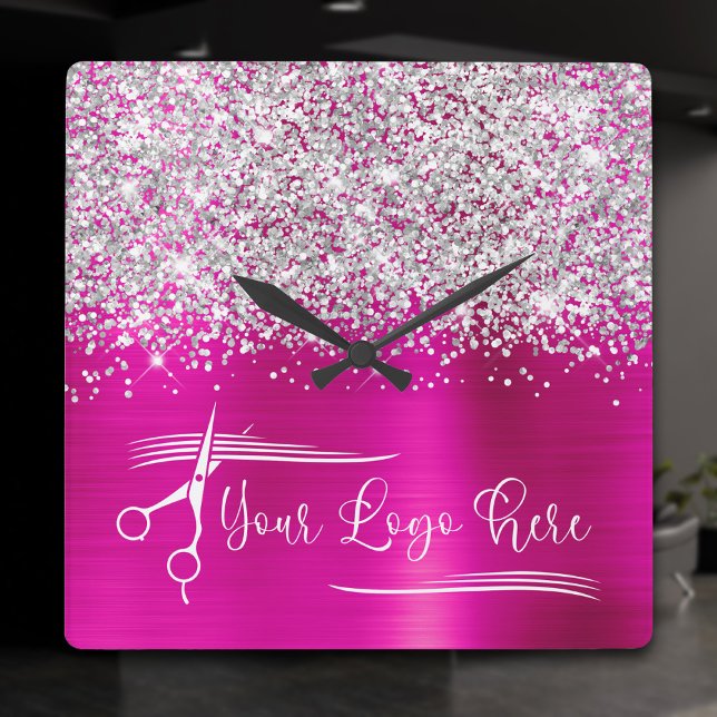 Ihr Logo Silver Glitzer Hot Pink Glam Quadratische Wanduhr (Your Logo Silver Glitter Hot Pink Glam Square Wall Clock)