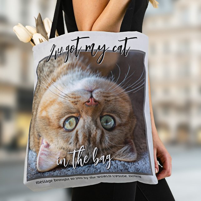 Ihr lustiges Foto im Beutel Tote Beutel Tasche (Tote bag featuring your custom cat (or other) photo and (funny or other) texts on neutral grey blue)