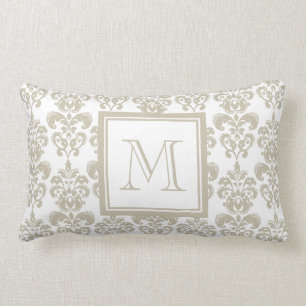 Ihr Monogramm, beige Damast-Muster 2 Lendenkissen