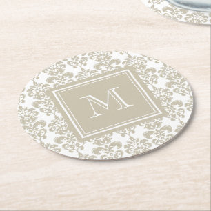 Ihr Monogramm, beige Damast-Muster 2 Runder Pappuntersetzer