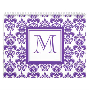 Ihr Monogramm, dunkles lila Damast-Muster 2 Kalender