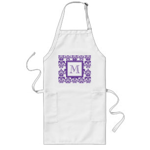 Ihr Monogramm, dunkles lila Damast-Muster 2 Lange Schürze