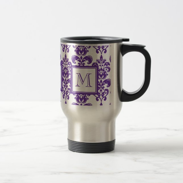 Ihr Monogramm, dunkles lila Damast-Muster 2 Reisebecher (Rechts)