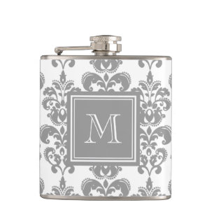 Ihr Monogramm, graues Damast-Muster 2 Flachmann