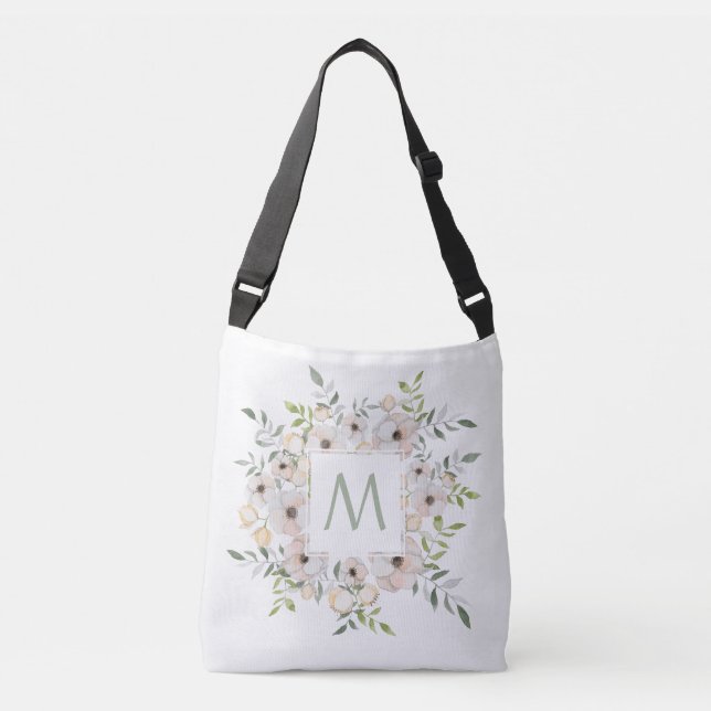 Ihr Monogramm in Blume-Rahmen-Taschen Tragetaschen Mit Langen Trägern (Vorderseite)