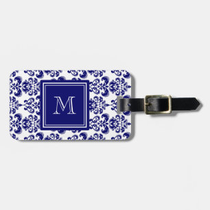 Ihr Monogramm, Marine-Blau-Damast-Muster 2 Gepäckanhänger
