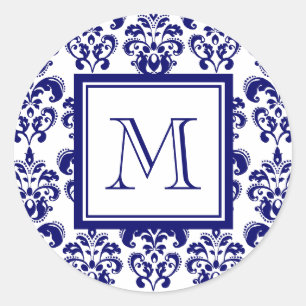 Ihr Monogramm, Marine-Blau-Damast-Muster 2 Runder Aufkleber