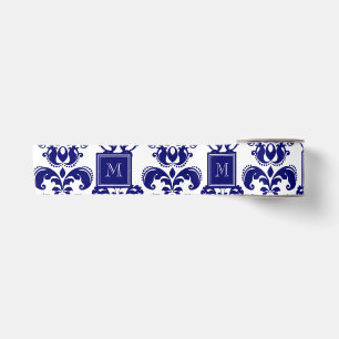 Ihr Monogramm, Marine-Blau-Damast-Muster 2 Satinband