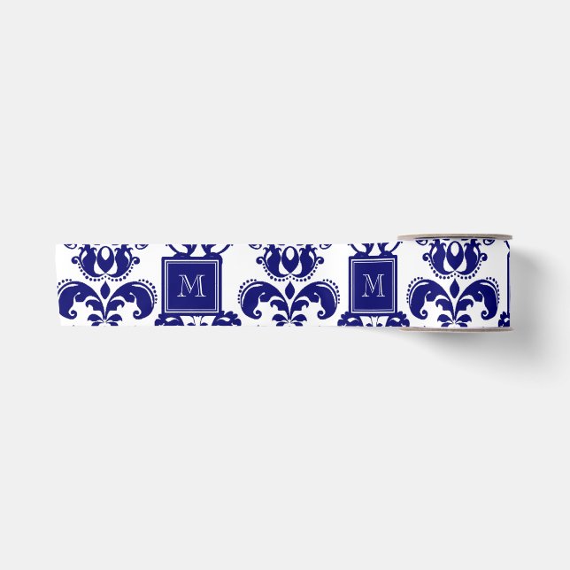 Ihr Monogramm, Marine-Blau-Damast-Muster 2 Satinband (Vorderseite)