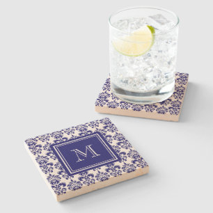 Ihr Monogramm, Navy Blue Damask Muster 2 Steinuntersetzer