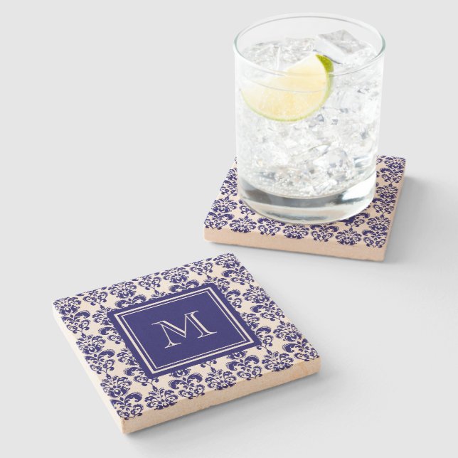 Ihr Monogramm, Navy Blue Damask Muster 2 Steinuntersetzer (Seitenansicht)
