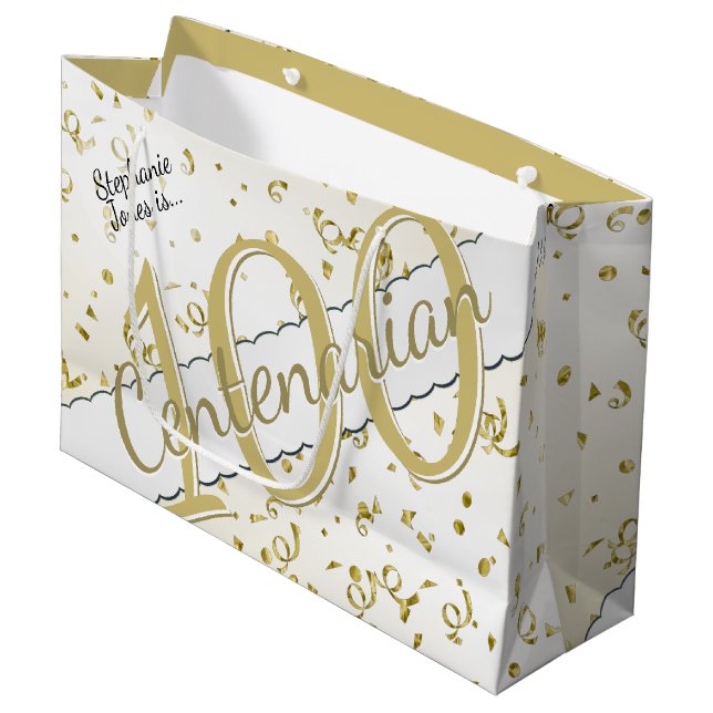 Ihr Name - 100 Jahre Jahrhunderte Gold/Weiß Große Geschenktüte (Vorderseite Schrägansicht)