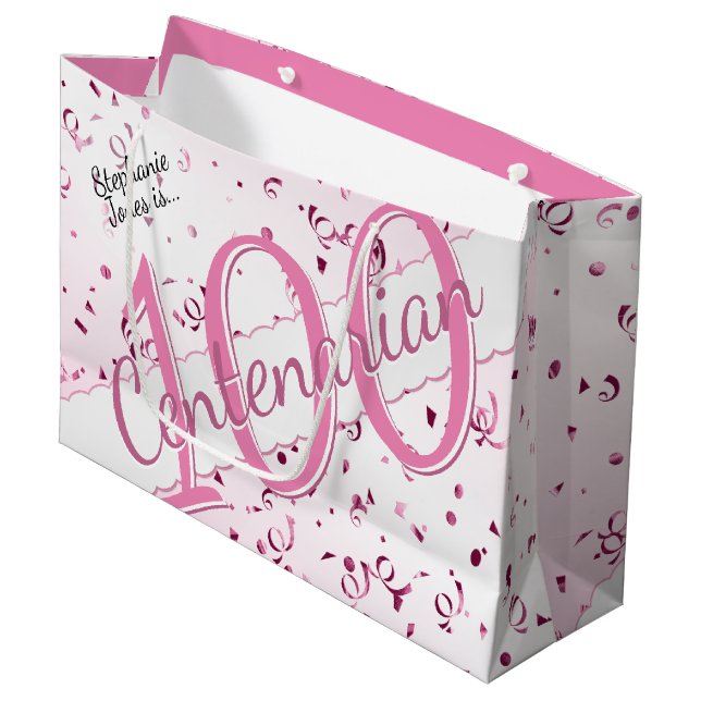 Ihr Name - 100 Jahre Jahrhunderte Pink/Weiß Große Geschenktüte (Vorderseite Schrägansicht)