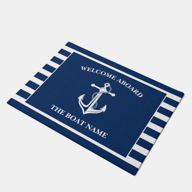Ihr Name Anchor Blue Willkommen an Bord Fußmatte (Schrägansicht)
