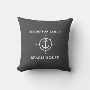 Ihr Name Beach House Compass Anker Grau Kissen