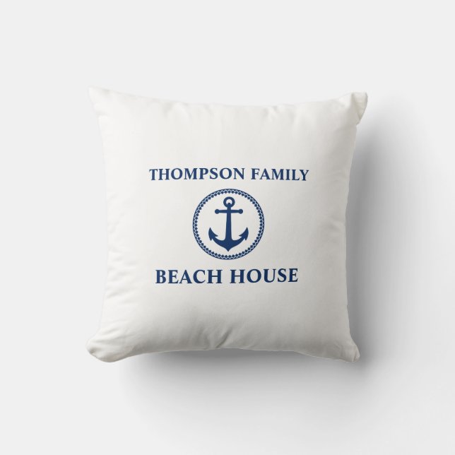 Ihr Name Beach House Sea Anchor Navy Blue White Kissen (Vorderseite)
