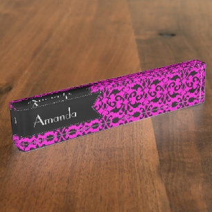 Ihr Name - Damast, Verzierungen, Wirbel - rosa Namensplakette