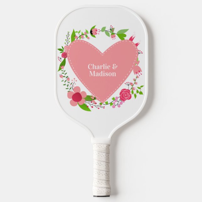 Ihr Name(e) in einem Blumenherz Pickleball Schläger (Vorderseite)
