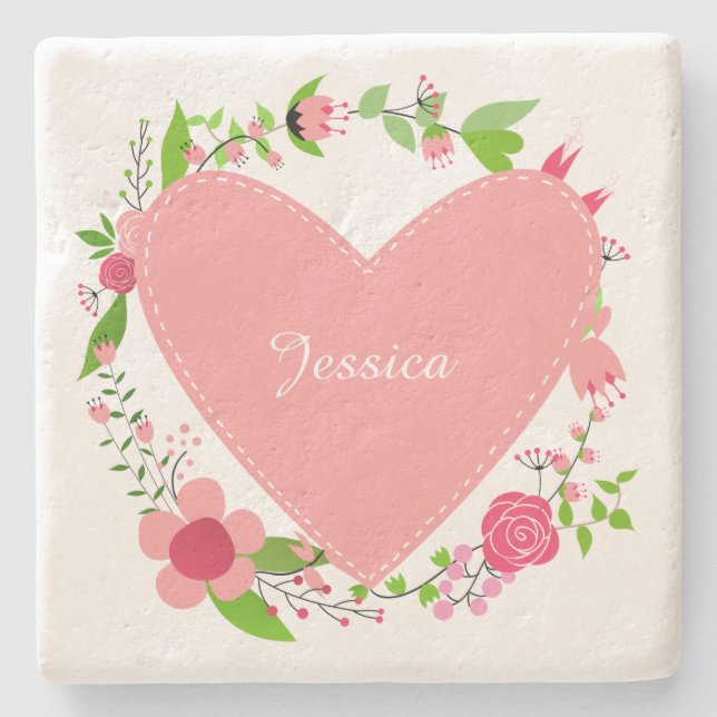 Ihr Name(e) in einem Herz & Blume Stein Untersetze Steinuntersetzer (Vorderseite)