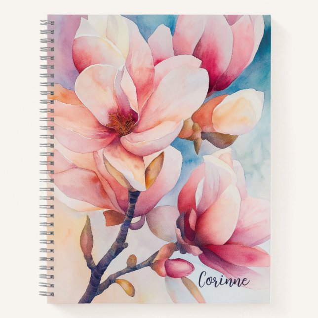 Ihr Name Elegant Rosa Magnolia Blüten Notizbuch (Vorderseite)