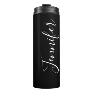 Ihr Name   Elegante weiße Schrift auf Schwarz Thermosbecher