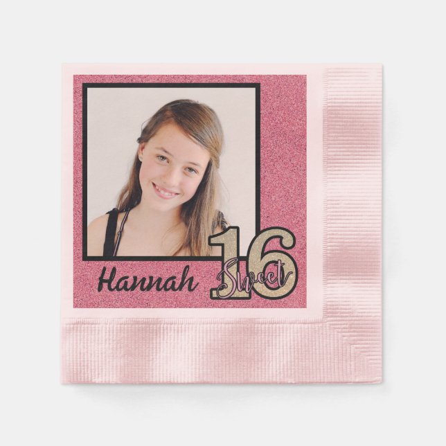 Ihr Name & Foto Sweet 16 mit rosa Glitzer Serviette (Vorderseite)
