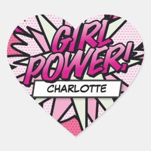 Ihr Name GIRL POWER Fun Retro Comic Pop Kunst Herz-Aufkleber
