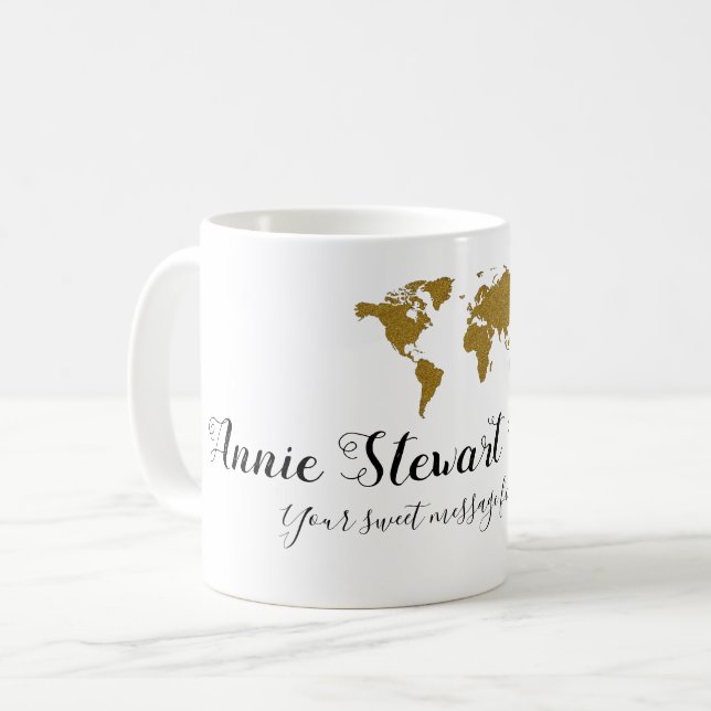 Ihr Name handschriftlich + Weltkarte + benutzerdef Kaffeetasse (Vorderseite Links)