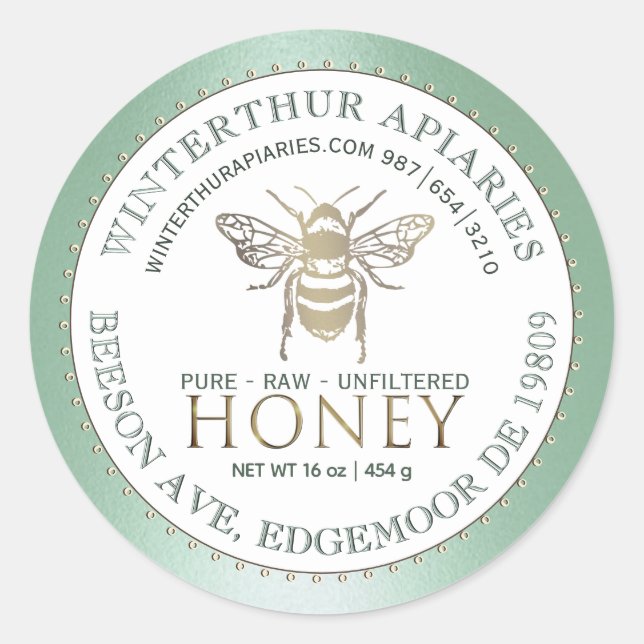 Ihr Name hier Editable Green Honey Jar Bee Label Runder Aufkleber (Vorderseite)