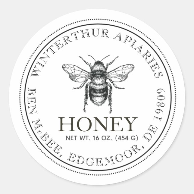 Ihr Name hier Editable White Honey Jar Bee Label Runder Aufkleber (Vorderseite)