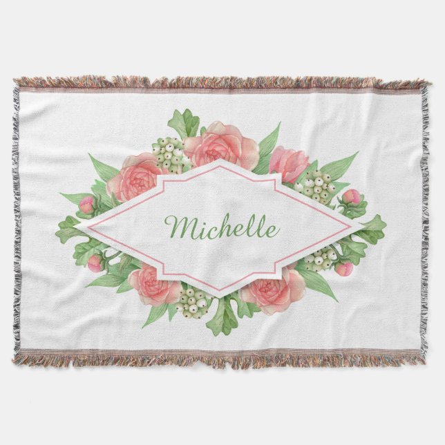 Ihr Name in einer Blume Rahmen werfen Decke (Vorderseite)