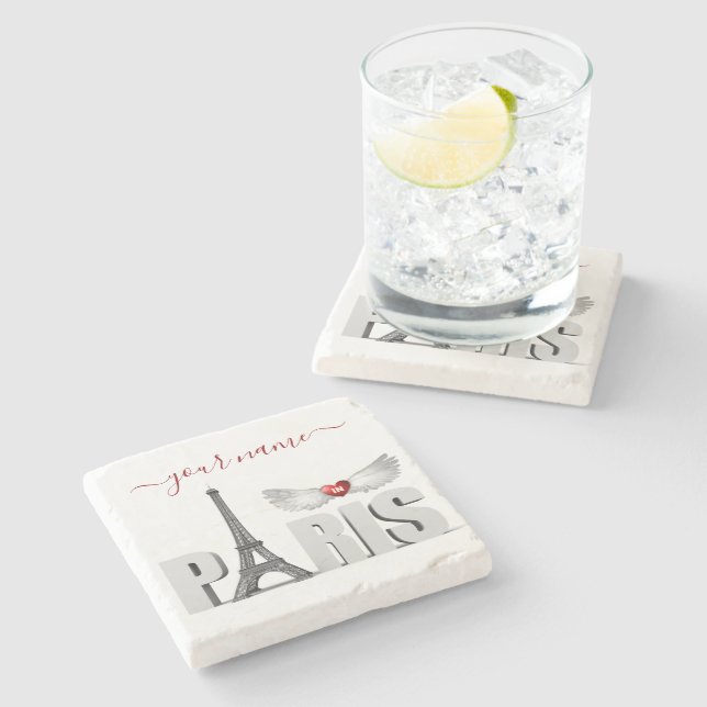 Ihr Name in Paris Eiffelturm Herzogin Wings Steinuntersetzer (Seitenansicht)