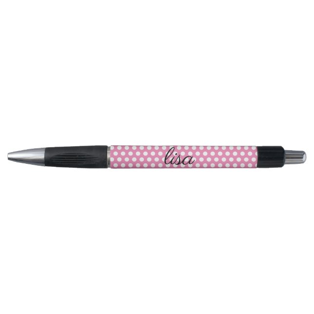 Ihr Name in rosa und weiße Punkte trendy Muster Kugelschreiber (Vorderseite)