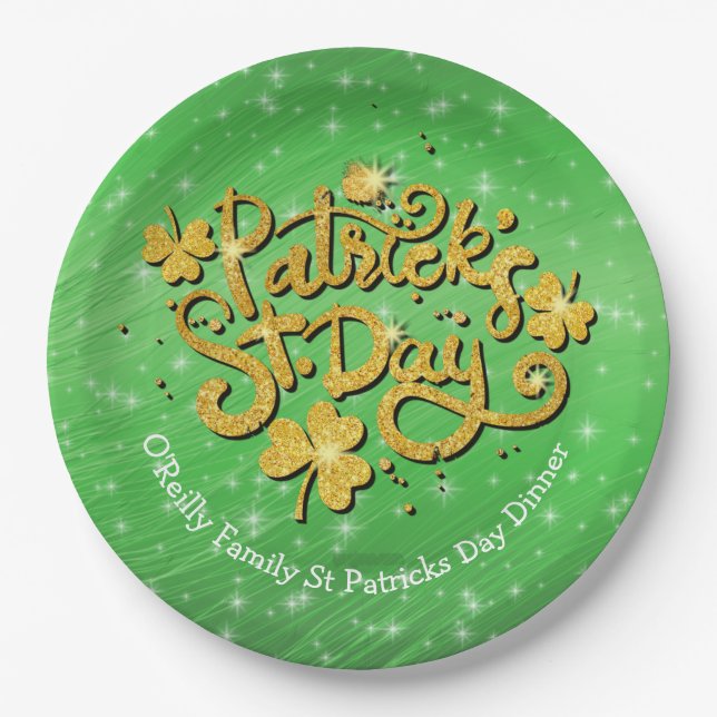 Ihr Name Message St Patricks Day Gold Kleeblatt Pappteller (Vorderseite)