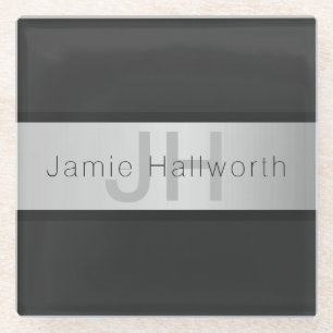 Ihr Name & Monogramm   Grautöne & Faux-Silber-Look Glasuntersetzer