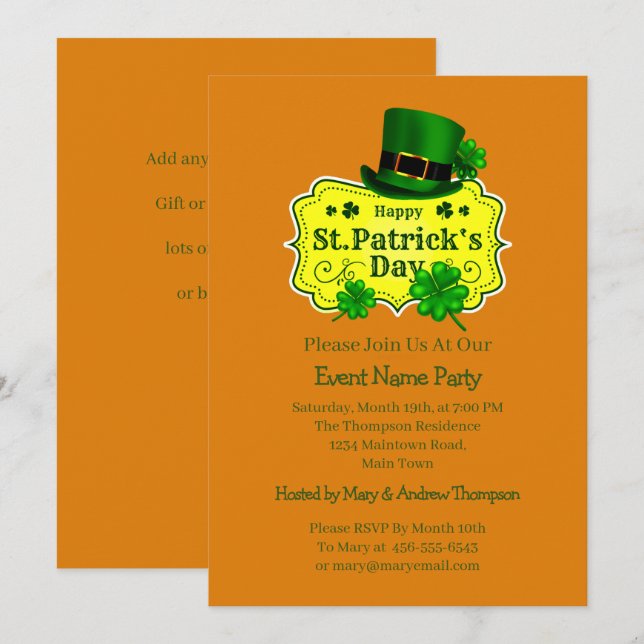 Ihr Name Nachricht St Patricks Day Green Kleeblatt Einladung (Vorne/Hinten)