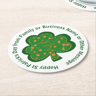 Ihr Name Nachricht St Patricks Day Green Kleeblatt Runder Pappuntersetzer