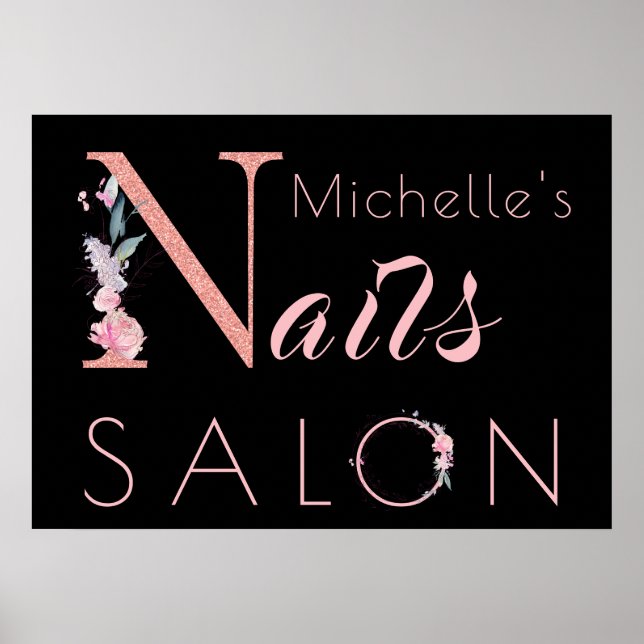 Ihr Name Nägel Salon floralen Glitzer rosa schwarz Poster (Vorne)