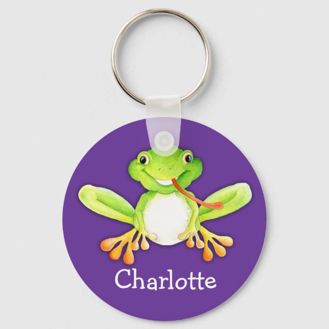 Ihr Name niedlicher Frosch lila Schlüsselanhänger (Vorderseite)
