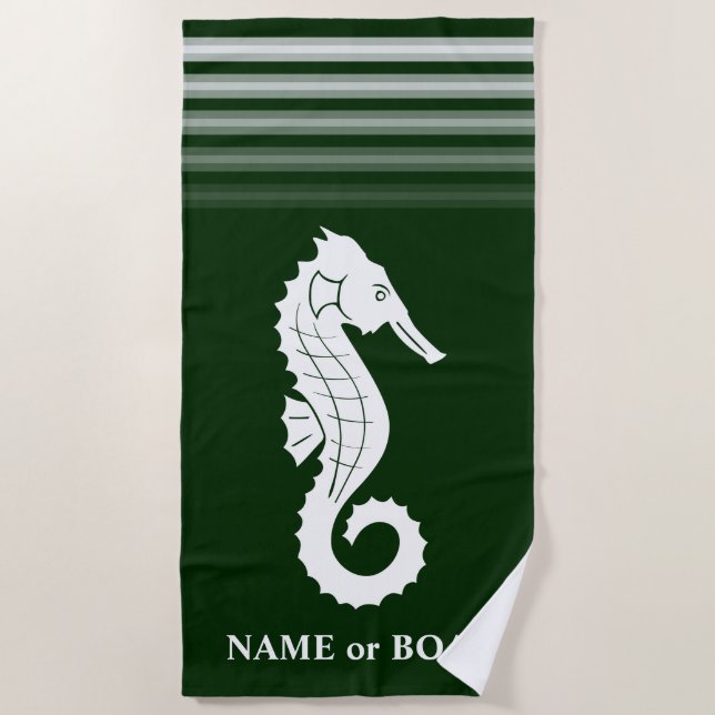 Ihr Name oder Ihr Seepferd Forest Green White Strandtuch (Vorderseite)