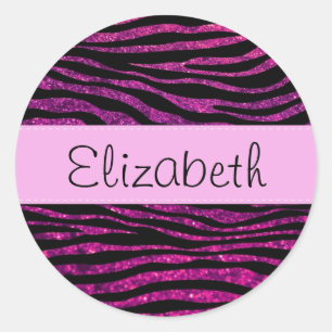 Ihr Name - Tierdruck, Zebra, Glitzer - Rosa Runder Aufkleber